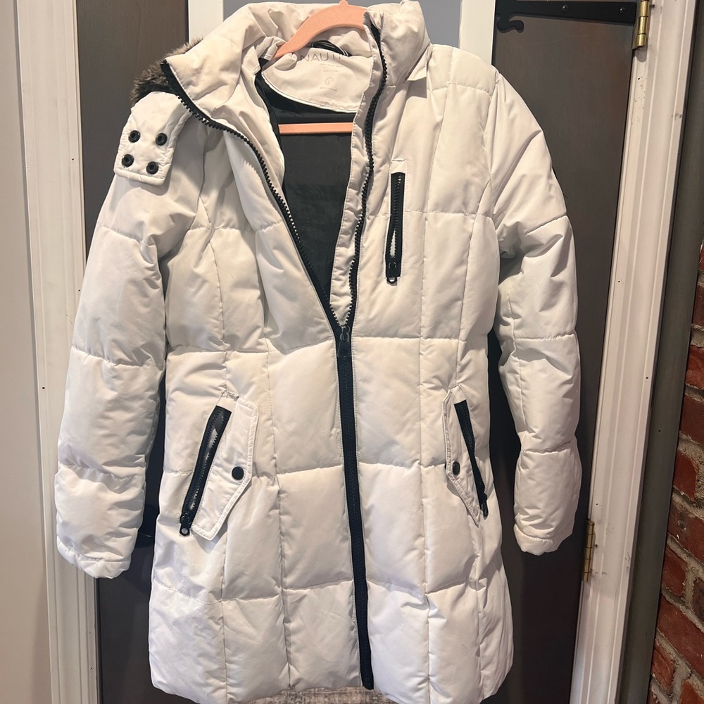 White Quilted Winter Coat with Black Accents